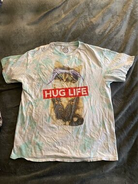White Cat Graphic Tee with Purple Bandana and Red 'HUG LIFE' Print